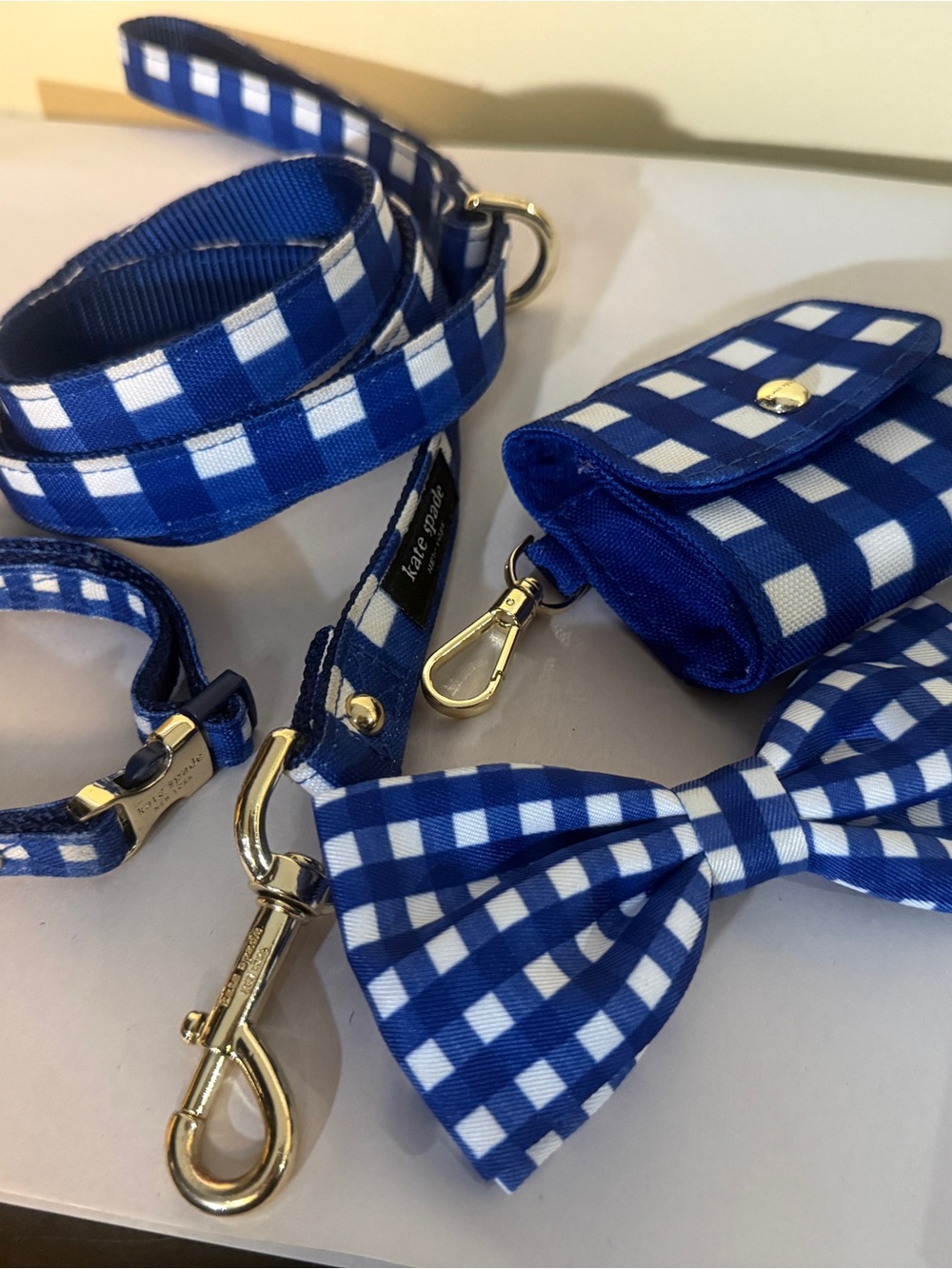 Kate Spade New York Blue Gingham Dog Set - Leash, XS Collar, Bag Holder, Bow Tie